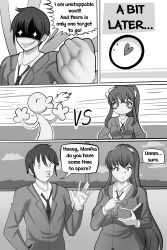  absurdres boots clothed comic dialogue doki_doki_literature_club english_text greyscale heart long_hair monika ponytail short_hair speech_bubble tagme text the_iron_mountain tie 
