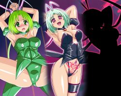  ahoge alternate_color_scheme alternate_costume alternate_hair_color arm_bands armpits arms_above_head aura before_and_after bell_collar blush bondage breasts collar crotch_tattoo cuffs dress empty_eyes female_only femsub garter glowing glowing_eyes gradient_background green_eyes green_hair happy_trance hengaya leotard multicolored_eyes navel_piercing open_mouth pink_eyes retasu_midorikawa sequence short_hair simple_background solo spread_legs sweat tattoo tokyo_mew_mew 
