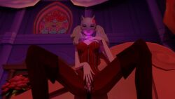  3d absurdres ann_takamaki aura blue_eyes bluecorral bodysuit collar crotch_rub empty_eyes female_only femdom femsub glowing long_hair marie_anto mask nail_polish persona_(series) persona_5 persona_5_tactica platinum_blonde_hair possession spread_legs tail twintails 