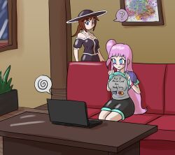 blue_eyes brown_hair confused convenient_censoring couch danna_(giant93) eyebrows_visible_through_hair female_only femsub happy_trance hat humor laptop makeup meta mythkaz niccole_(gaint93) original shirt shirt_lift shorts sitting spiral spiral_eyes