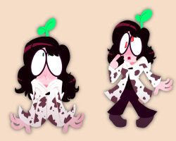  before_and_after blush brown_hair clothed coat confused cow_print eye_color_change female_only femsub floro_sprout glasses green_eyes hoodie long_hair nintendo original pants paper_mario plant red_eyes shirt shoes simple_background sleepygaycutie solo super_mario_bros. super_paper_mario symbol_in_eyes unfocused_eyes yellow_background 