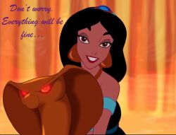 aladdin_(series) black_hair clothed disney earrings evil_smile female_only femdom harem_outfit hypnotic_eyes jewelry long_hair looking_at_viewer magic manip origamiswami_(manipper) pov pov_sub princess princess_jasmine red_eyes smile spiral_eyes staff symbol_in_eyes text western
