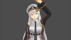 3d airmotor arms_above_head azur_lane bare_shoulders clothed coat dazed dress_shirt enterprise_(azur_lane) female_only femsub heavy_eyelids long_hair military_hat military_uniform mmd pocket_watch purple_eyes self_hypnosis simple_background standing tie traditional_hypnosis white_hair