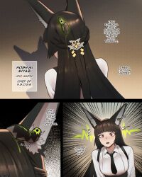  abscord absurdres animal_ears breasts brown_hair corruption dialogue english_text ethereal_(zenless_zone_zero) femsub hoshimi_miyabi long_hair open_mouth parasite shirt speech_bubble text tie zenless_zone_zero 