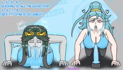  blowjob_face blue_hair blush breasts breath closed_eyes dazed dialogue dildo drool exercise femsub goddess green_hair gym gym_uniform hair_ornament halo heart jewelry kid_icarus kneeling large_breasts long_hair mantra music nintendo palutena pandora_(kid_icarus) ponytail sex_toy simple_background simulated_fellatio spiral spiral_background tank_top tears text usakiki weightlifting wii_fit wii_fit_trainer 