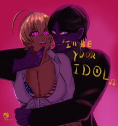  ahoge bikini_top black_hair blonde_hair bra breasts chin_hold cleavage cleavage_cutout clothed collarbone crossover crossxavier dark_skin demon demon_boy english_text eyebrows_visible_through_hair fangs femsub flag_bikini food_wars! glowing glowing_eyes happy_trance hug huge_breasts hypnotic_audio hypnotic_music hypnotic_voice ikumi_mito jinu_(kpop_demon_hunters) kpop_demon_hunters large_breasts maledom open_mouth pink_background purple_eyes purple_skin shirt short_hair signature simple_background singing smile spiral spiralwash_eyes tan_skin text tied_shirt tongue yellow_eyes 