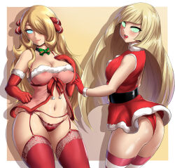  ass babydoll bare_shoulders belt blonde_hair blush bow bra breasts christmas cleavage clothed_exposure cynthia erect_nipples female_only femsub garter_belt garter_straps gloves glowing_eyes hair_covering_one_eye hair_ornament holding_breasts large_ass large_breasts large_hips leonart lingerie long_hair looking_at_viewer looking_back lusamine manip midriff milf misterman4_(manipper) multiple_girls multiple_subs nintendo open_mouth opera_gloves pokemon pokemon_diamond_pearl_and_platinum pokemon_sun_and_moon santa_costume see-through simple_background spiral_eyes tagme thighhighs thong tongue 
