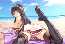 beach black_hair boots breasts brown_eyes emphaticpikachu_(manipper) empty_eyes expressionless female_only femsub haruna_(kantai_collection) hiten_(hitenkei) kantai_collection large_breasts long_hair looking_back lying thigh_boots upskirt