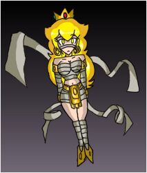 blonde_hair breasts brokenteapot crown expressionless female_only femsub glowing glowing_eyes jewelry large_breasts mummification mummy nintendo princess princess_peach solo super_mario_bros.