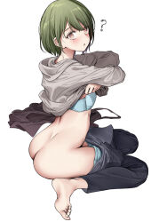 artist_request ass barefoot bra brown_hair expressionless female_only femsub jeans kneeling nichika_nanakusa short_hair solo the_idolm@ster the_idolm@ster:_shiny_colors underwear undressing