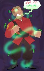 aware body_control brown_hair dancing dialogue glowing glowing_eyes green_eyes magic male_only maledom malesub merasmus mx_driftdrop purple_background resisting soldier_(team_fortress_2) speech_bubble spiralwash_eyes standing team_fortress_2 text wizard