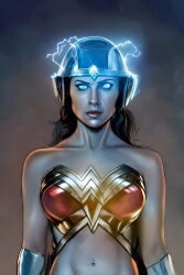  ai_art barefoot blue_eyes collarbone cuffs dc_comics electricity empty_eyes expressionless female_only femsub fortunadoe_(generator) glowing glowing_eyes helmet midriff navel solo standing standing_at_attention super_hero tech_control wonder_woman 