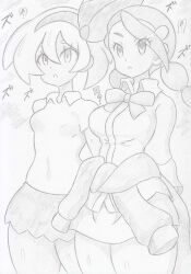 banshou bea_(pokemon) breasts candice empty_eyes expressionless female_only femsub greyscale large_breasts long_hair monochrome nintendo open_mouth pokemon pokemon_diamond_pearl_and_platinum pokemon_sword_and_shield short_hair small_breasts standing standing_at_attention traditional translation_request twintails 