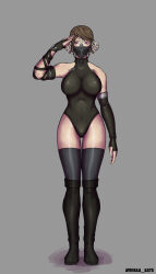  agnikka_sato atomic_heart au_ra brown_hair drone dronification face_mask female_only femsub final_fantasy final_fantasy_xiv horns leotard robot robot_girl robotization saluting simple_background standing_at_attention the_twins_(atomic_heart) 