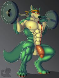 abs bare_legs bottomless dog_boy exercise flexing furry glowing glowing_eyes headband looking_at_viewer male_only malesub muscle_boy non-human_feet nude original paws penis rebel_nightwolfe ring_eyes solo squatting topless weightlifting