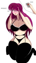absurdres bra breasts cleavage expressionless femsub large_breasts lgd lingerie open_mouth purple_hair remote_control spiral spiral_eyes symbol_in_eyes text underwear