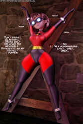 3d brown_hair dialogue elastigirl femsub goggles helen_parr large_breasts latinkaixa milf resisting saint_andrew's_cross short_hair text the_incredibles