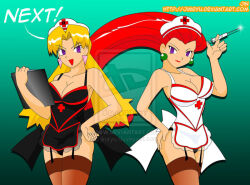  blonde_hair breasts cassidy corruption female_only femsub happy_trance hat jessie jimryu large_breasts long_hair nintendo nurse pokemon pokemon_(anime) red_hair team_rocket text thighhighs twintails 