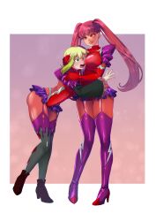  absurdres blonde_hair blush bodysuit boots border breasts corruption eyebrows_visible_through_hair eyeshadow female_only femsub garter_straps gloves gradient_background green_eyes happy_trance hug hypnotized_dom hypnotized_hypnotist large_breasts latex leaning_forward leotard lipstick long_hair makeup memetic_control miniskirt multiple_girls multiple_subs open_mouth original pink_hair red_eyes ring_eyes sakurarose12 simple_background smile thigh_heels tight_clothing twintails wide_hips yuri 