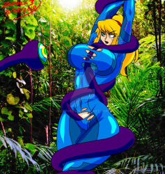 androgynous androgynous_dom arms_above_head blonde_hair bodysuit bondage breast_grab breasts coils crotch_rub dazed femsub groping huge_breasts hypnotic_eyes hypnotic_tentacle kaa_eyes large_breasts metroid_(series) nintendo ponytail resisting samus_aran tentacles torn_clothes zarvex3 zero_suit