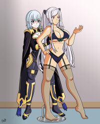  alerith alexia_midgar beta_(the_eminence_in_shadow) blue_eyes blue_hair breasts dollification empty_eyes female_only femdom femsub hand_on_hip happy_trance large_breasts lingerie midriff navel posed posing red_eyes silver_hair simple_background smile the_eminence_in_shadow thighhighs tiptoes very_long_hair 