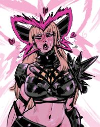 bangs bimbofication blackredtac blonde_hair blush breasts clothed control_indicator crossed_eyes earrings eye_roll female_only femdom femsub heart large_breasts long_hair magik marvel_comics marvel_rivals midriff navel psylocke puckered_lips solo standing straight-cut_bangs sweat x-men