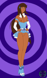 absurdres bow breasts breasts_outside brown_eyes brown_hair clothed_exposure dark_skin empty_eyes expressionless female_only femsub high_heels lolirock long_hair magical_girl open_clothes skirt skirt_lift solo spiral standing talia_(lolirock) theneko