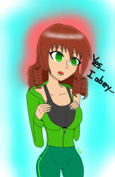 absurdres breasts brown_hair connie_(kani-e) drill_hair expressionless female_only femsub green_eyes green_lipstick large_breasts leggings lipstick open_mouth original sleepy_kai solo sweater tank_top text twintails undressing 