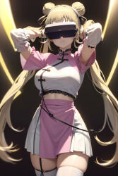  ai_art arms_above_head blonde_hair breasts dead_source demon_lilium_(generator) expressionless femsub garter_straps gloves hair_buns hanabusa_lisa large_breasts midriff opera_gloves skirt thick_thighs thighhighs twintails virtual_esports_project virtual_youtuber visor 