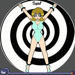  5-volt alternate_costume animated animated_gif arms_above_head bare_legs breasts cartoonzombie drool earrings english_text femsub large_breasts legs leotard milf nintendo restrained short_hair spiral_background spiralwash_eyes stage_hypnosis text warioware 