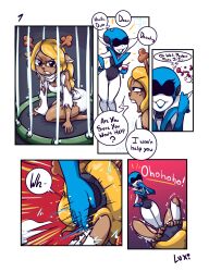 blonde_hair breasts cage comic deltarune female_only femdom femsub furry long_hair noelle_holiday omegaluxifer open_mouth queen_(deltarune) smile source_request tech_control text