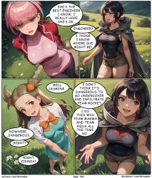 ai_art black_hair brown_hair devianbar dialogue jasmine large_breasts long_hair mollie_(pokemon) nintendo pink_hair pokemon short_hair team_hypno text zinnia