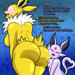 al_gx ass ass_focus ass_worship bottomless breasts closed_eyes dialogue espeon female_only femdom femsub furry happy_trance incest jolteon large_ass large_breasts nintendo nude open_mouth pokemon pokemon_(creature) pokephilia sisters small_breasts smile spiral_eyes symbol_in_eyes text tongue topless yuri 