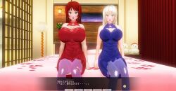 3d breasts chelsea_(mc_trap_town) custom_maid_3d_2 empty_eyes expressionless female_only kamen_writer_mc large_breasts mc_trap_town multiple_girls red_hair rina_(mc_trap_town) text yuri
