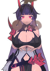  absurdres ahoge armor bangs bare_shoulders breasts cleavage clothed coin empty_eyes expressionless femsub honkai_impact_3rd horns huge_breasts jakk large_breasts long_hair looking_at_viewer open_mouth pendulum pink_eyes purple_hair raiden_mei simple_background straight-cut_bangs white_background 
