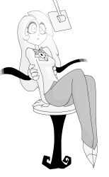  absurdres bow_tie charlie_(hazbin_hotel) clothed demon_girl expressionless female_only femsub greyscale hazbin_hotel hypnotic_screen long_hair monochrome pants pstash restrained ring_eyes shirt simple_background sitting solo tagme tech_control white_background 