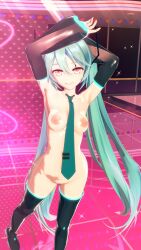 3d absurdres arm_warmers armpits arms_above_head blue_hair boots bottomless breasts clothed_exposure cyan_hair erect_nipples evil_smile female_only femsub heavy_eyelids koikatsu! looking_at_viewer microphone miku_hatsune nipples red_eyes small_breasts smile solo standing taihou1944 thighhighs tie topless twintails very_long_hair vocaloid 