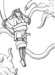 barefoot breasts crotch_rub empty_eyes expressionless femsub greyscale hairpin monochrome myuk original penis tentacles thighhighs topless torn_clothes traditional twintails