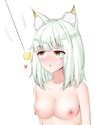  animal_ears arknights bottomless breasts cat_ears cat_girl chunyeon cleavage drool expressionless female_only femsub green_eyes kal&#039;tsit_(arknights) nipples nude open_mouth pendulum short_hair topless unaware white_hair 