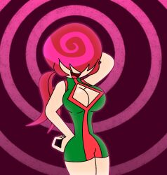  alternate_costume arms_above_head breasts cleavage cleavage_cutout clothed cosplay costume female_only femsub hair_covering_both_eyes hand_on_hip happy_trance hypnoscream king_of_fighters long_hair ponytail posing psycho_soldier red_hair shermie_(kof) sie_kensou smile solo spiral spiral_background thighs 