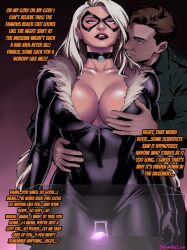  accidental_hypnosis black_cat choker cleavage clothed deltathelion dialogue empty_eyes english_text expressionless felicia_hardy femsub groping long_hair maledom marvel_comics pink_eyes text white_hair 