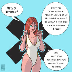  absurdres character_request corruption dialogue female_only femdom femsub hypnotized_hypnotist mr_scade one-piece_swimsuit original red_hair solo swimsuit text uniform 