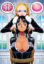  ai_art black_hair blonde_hair blue_eyes brain_drain breasts chair cleavage earrings empty_eyes expressionless female_only femdom femsub glasses hellsing002_(generator) jewelry kalifa_(one_piece) large_breasts leopard_print long_hair nico_robin one_piece restrained rope sitting sparkle standing thought_bubble tight_clothing zipper 
