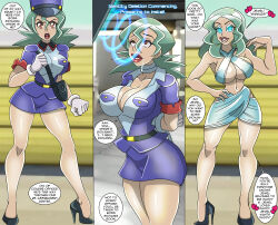  absurdres alternate_costume alternate_hairstyle arms_behind_back bare_legs before_and_after belt bimbofication blue_eyes brain_drain breasts brown_eyes cleavage comic dialogue drool earrings empty_eyes enemy_conversion eyeshadow femsub gloves glowing_eyes green_hair hand_on_hip happy_trance hat heart high_heels large_breasts lipstick long_hair midriff nintendo officer_jenny open_mouth pokemon pokemon_(anime) police_uniform policewoman red_lipstick restrained skirt speech_bubble standing tech_control text unaware zorro-zero 