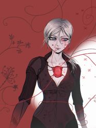  blonde_hair blue_eyes bodysuit br0tsie breasts capcom cleavage empty_eyes expressionless face_paint jill_valentine p30 ponytail red_background resident_evil resident_evil_5 standing tech_control white_background wires 