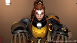  3d animated animated_gif armor brigitte_(overwatch) brown_hair clothed expressionless female_only femsub freckles open_mouth overwatch pendulum ponytail seamless source_filmmaker zombie_walk 