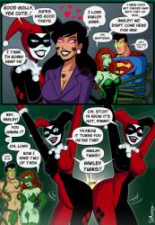  batman_(series) black_hair black_lipstick blue_eyes cape cleavage collar comic dc_comics dialogue english_text erect_nipples femdom femsub glowing_eyes green_eyes harley_quinn jester kissing lois_lane long_hair malesub mask multiple_doms multiple_girls multiple_subs muscle_boy nude pink_eyes poison_ivy polmanning short_hair signature smile speech_bubble spiral_eyes super_hero superman superman_(series) text twinning 