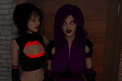  3d amaryst_(theheckle) black_hair breasts female_only femsub happy_trance hypnotic_kiss kissing kisstress_(theheckle) large_breasts latex lipstick_mark original purple_hair spiral_eyes super_hero symbol_in_eyes theheckle 