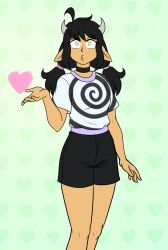 ahoge ambiguous_pov androgynous_sub bare_legs black_hair blowing_kiss charm_(spell) clothed elf_ears femdom green_background green_eyes heart horns hypnotic_magic katsiika katsiika_(katsiika) legs long_hair looking_at_viewer magic original pov pov_sub shirt simple_background skirt spiral symbol thighs twintails 
