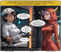 admin_courtney aether_foundation aether_foundation_employee ai_art black_hair dark_skin devianbar dialogue large_breasts nintendo pokemon short_hair tagme team_hypno team_magma text